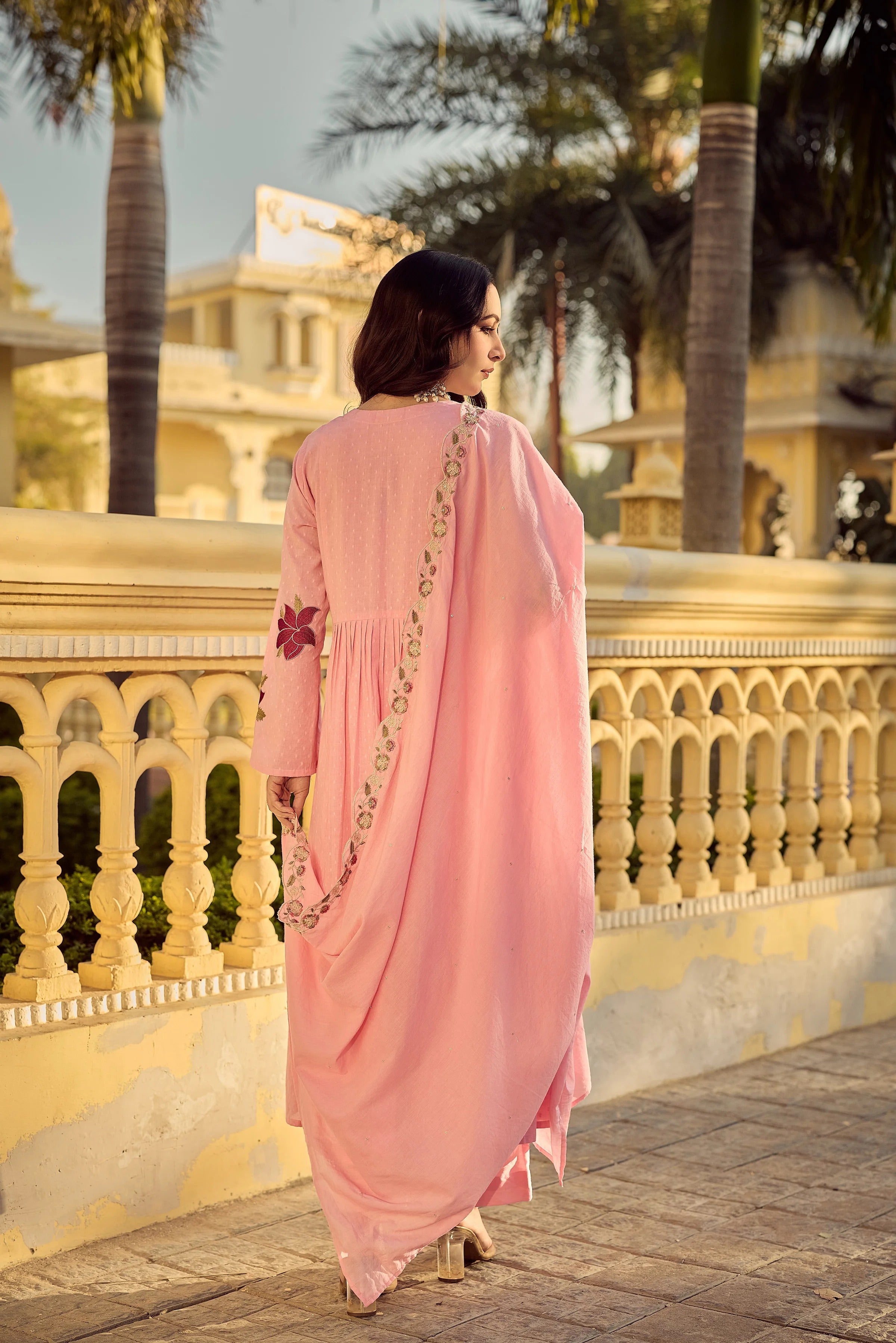 Blush Pink Georgette Floral Embroidered Anarkali Set with Chanderi Pants & Scalloped Dupatta