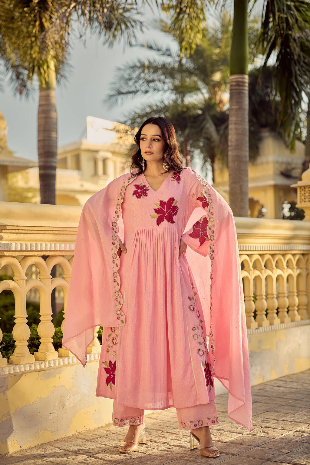 Blush Pink Georgette Floral Embroidered Anarkali Set with Chanderi Pants & Scalloped Dupatta