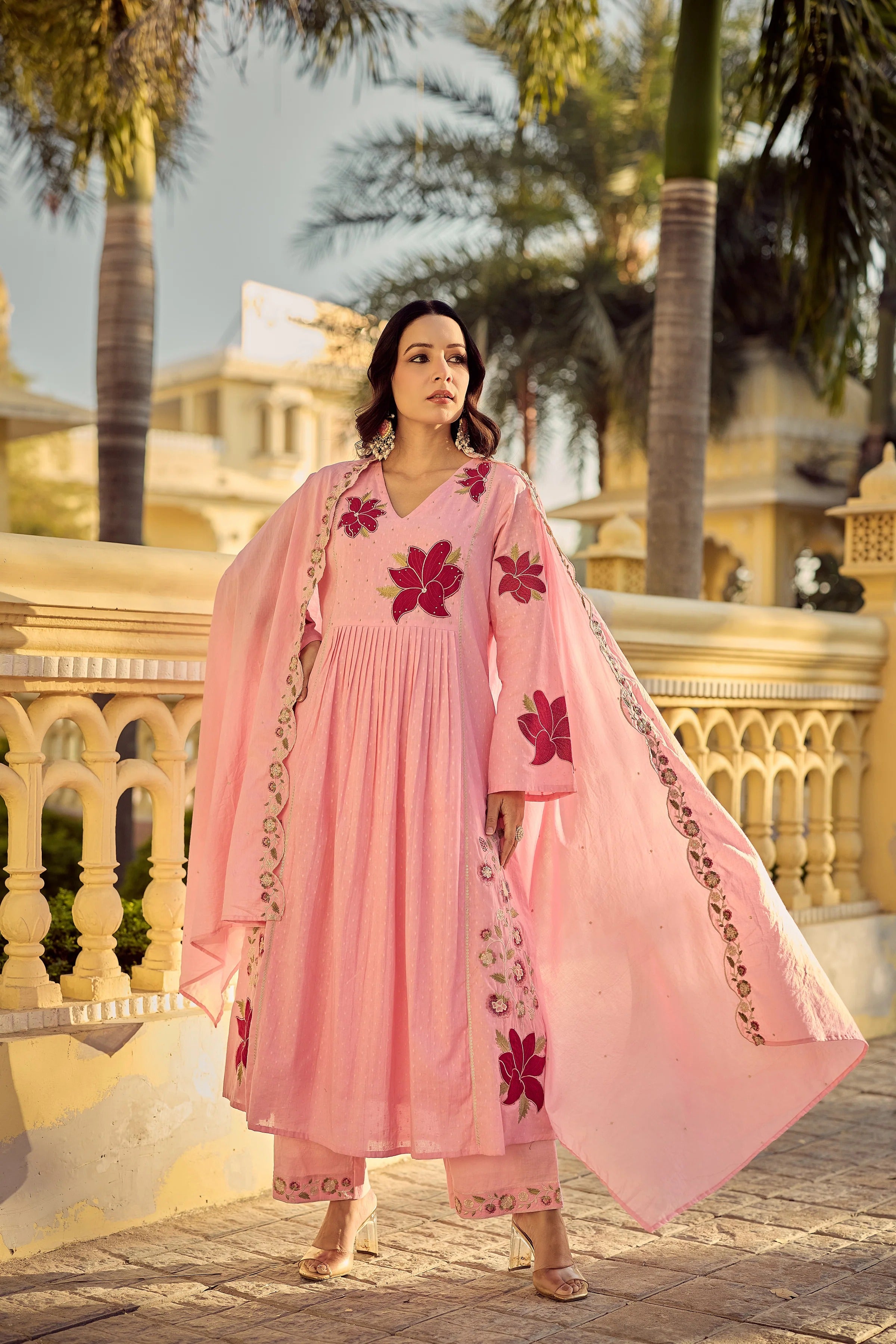 Blush Pink Georgette Floral Embroidered Anarkali Set with Chanderi Pants & Scalloped Dupatta