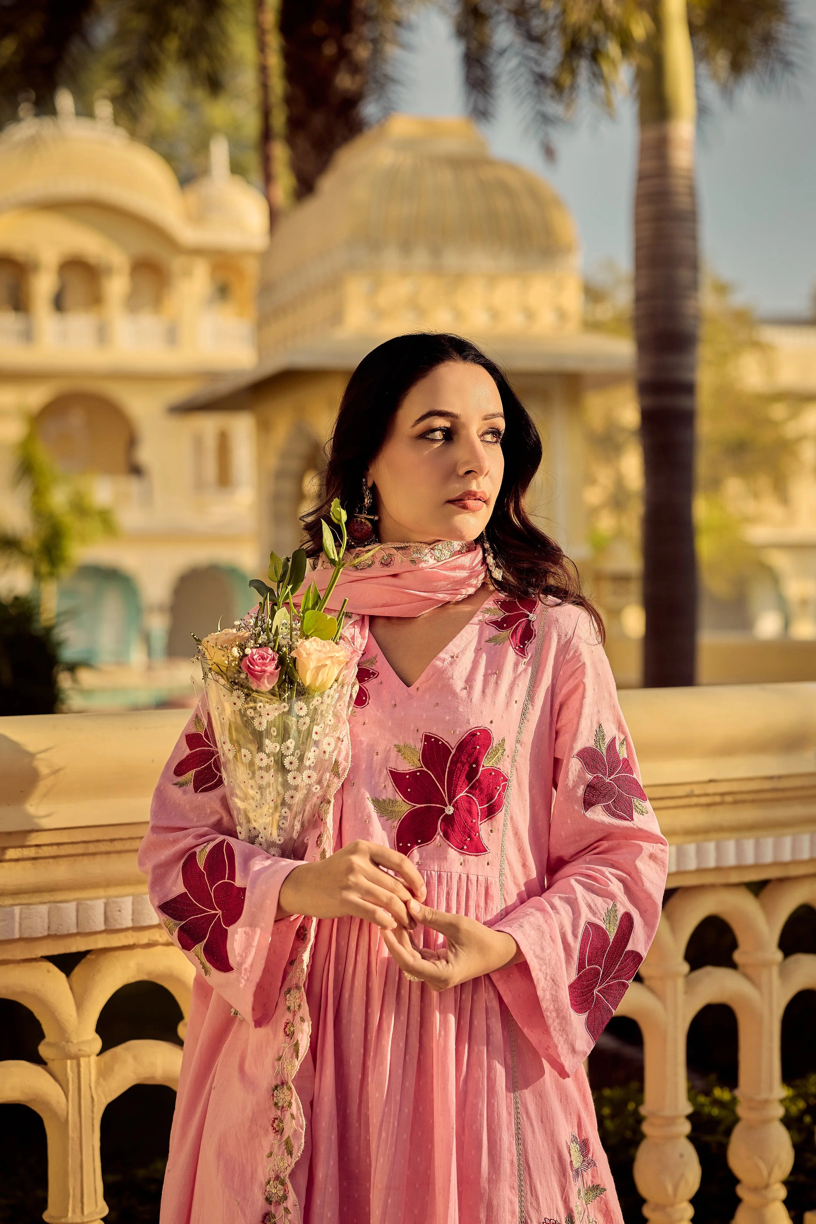 Blush Pink Georgette Floral Embroidered Anarkali Set with Chanderi Pants & Scalloped Dupatta