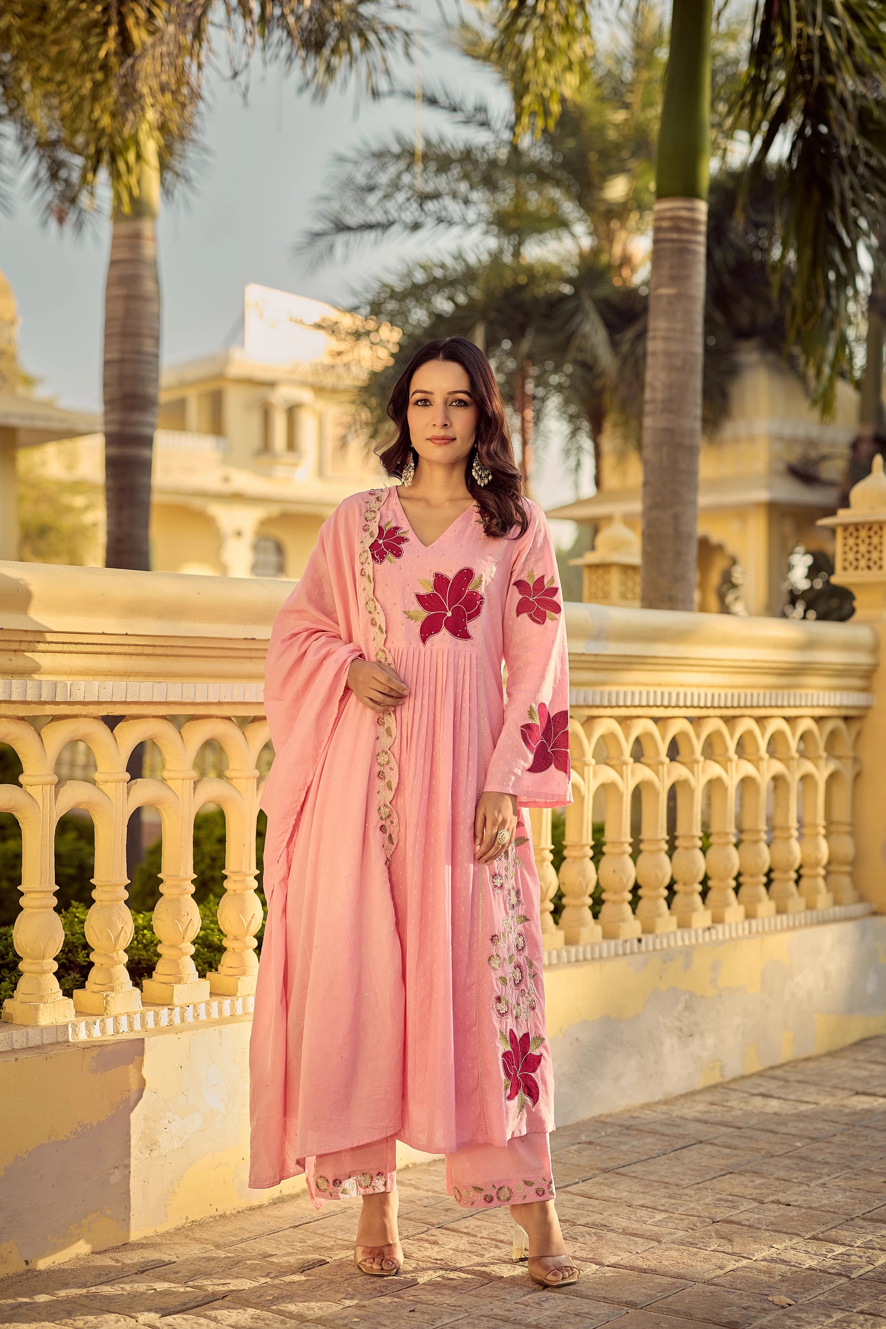 Blush Pink Georgette Floral Embroidered Anarkali Set with Chanderi Pants & Scalloped Dupatta