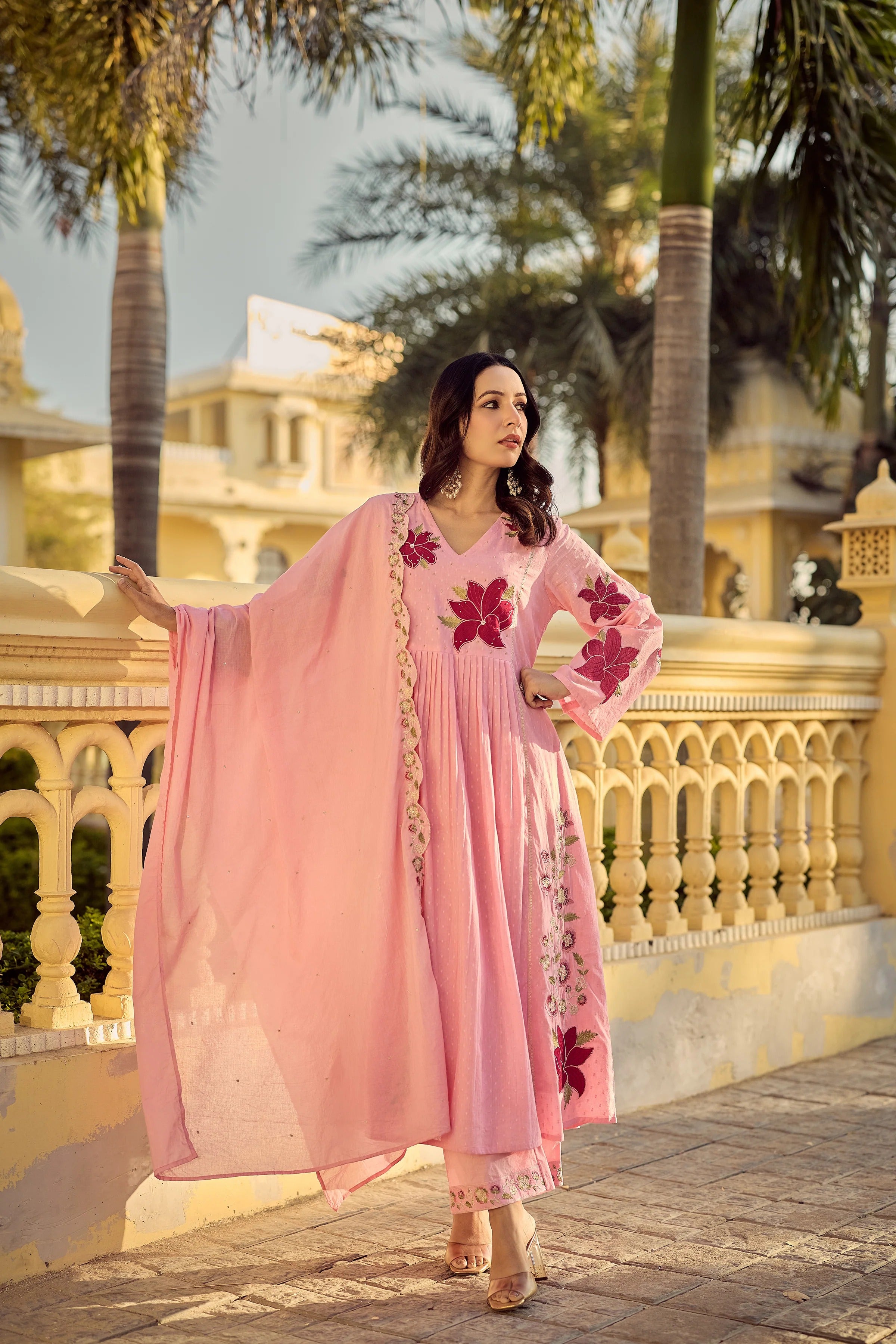 Blush Pink Georgette Floral Embroidered Anarkali Set with Chanderi Pants & Scalloped Dupatta