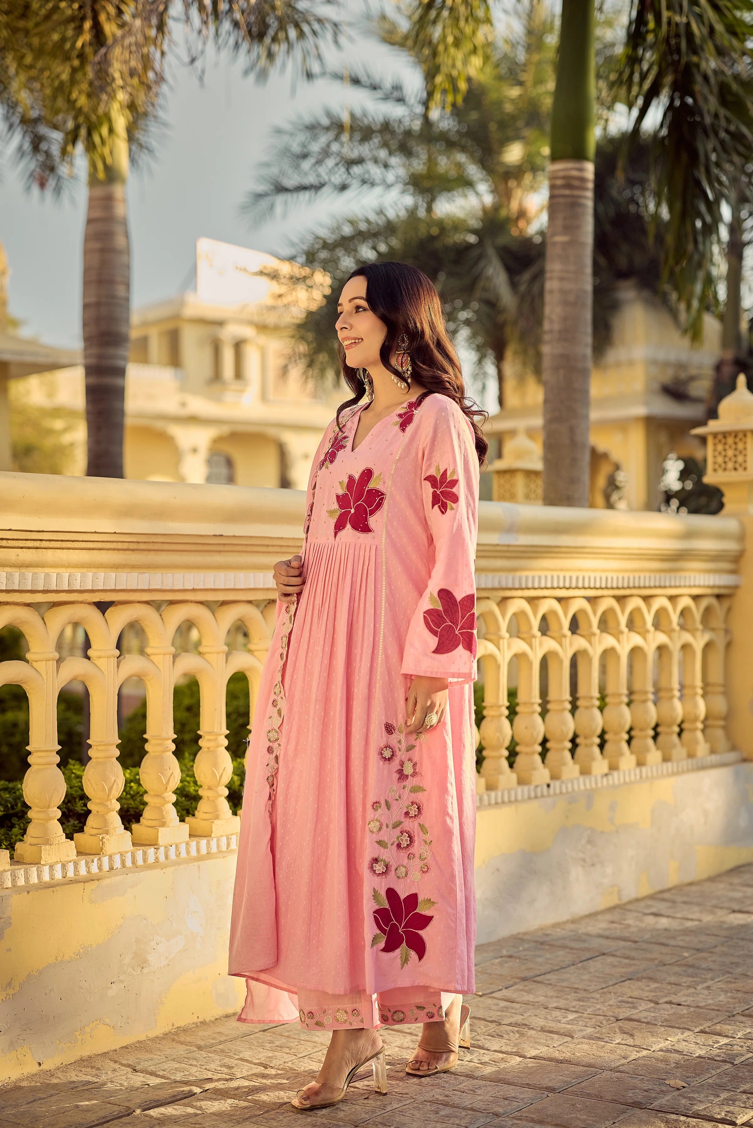Blush Pink Georgette Floral Embroidered Anarkali Set with Chanderi Pants & Scalloped Dupatta