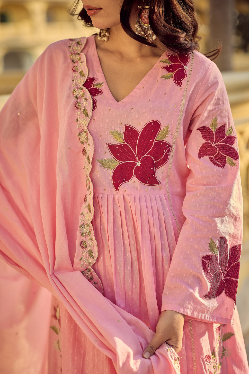 Blush Pink Georgette Floral Embroidered Anarkali Set with Chanderi Pants & Scalloped Dupatta