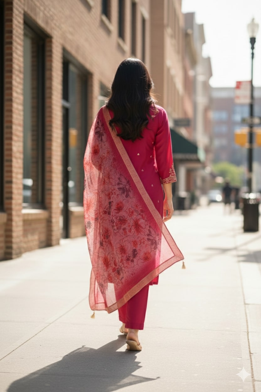 Festive Rani Pink Chanderi Silk Kurta Set with Floral Printed Organza Dupatta