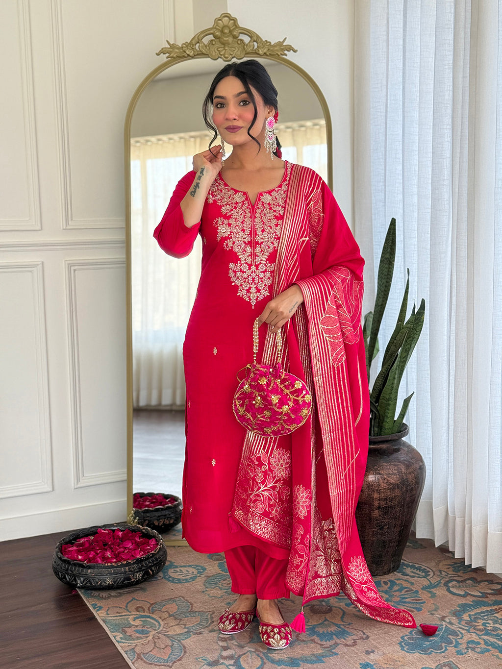 Royal Rani Pink Roman Silk Embroidered Kurta Set with Banarasi Weave Dupatta