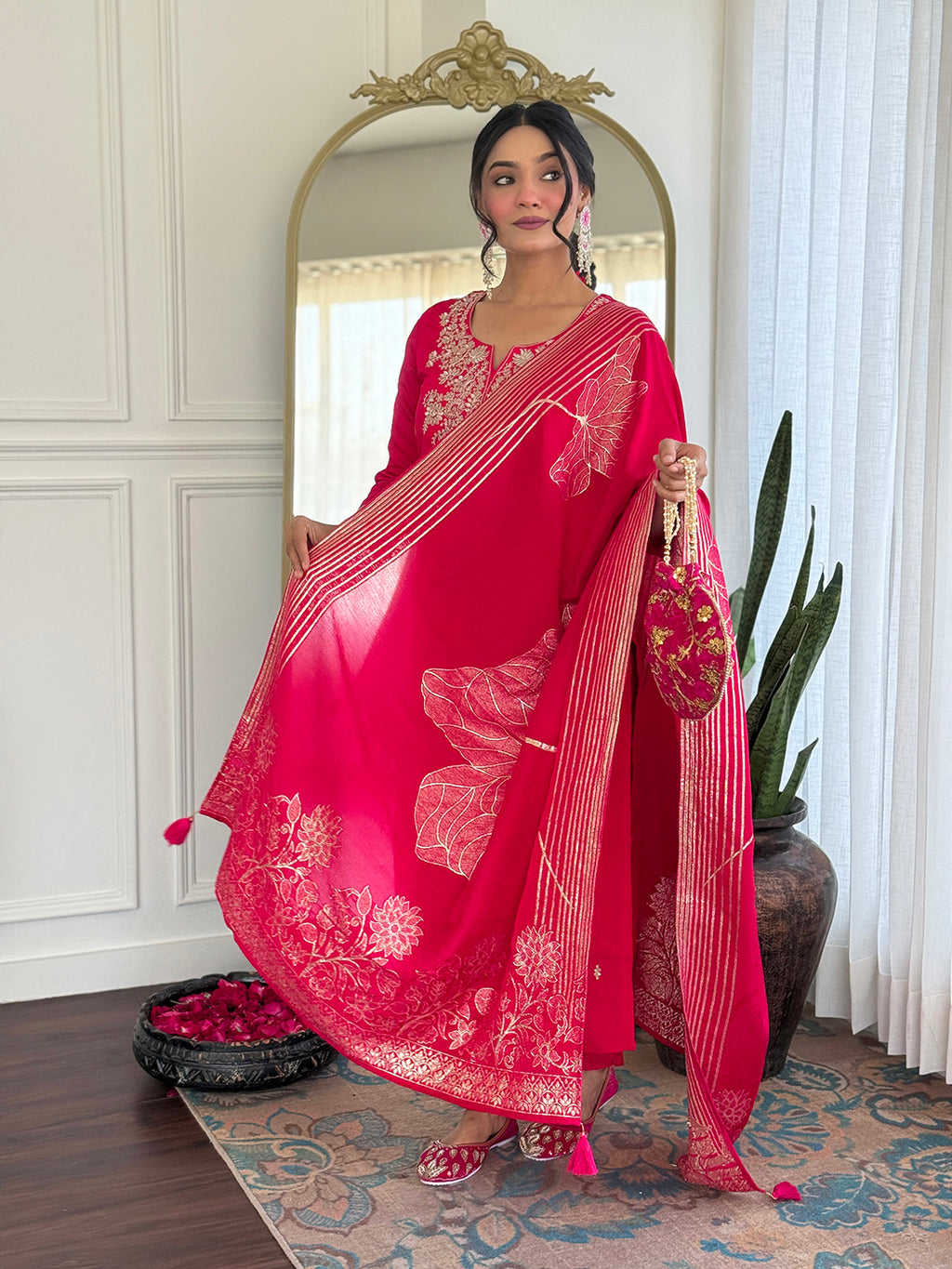 Royal Rani Pink Roman Silk Embroidered Kurta Set with Banarasi Weave Dupatta