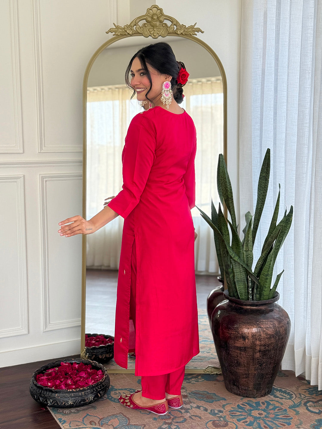 Royal Rani Pink Roman Silk Embroidered Kurta Set with Banarasi Weave Dupatta
