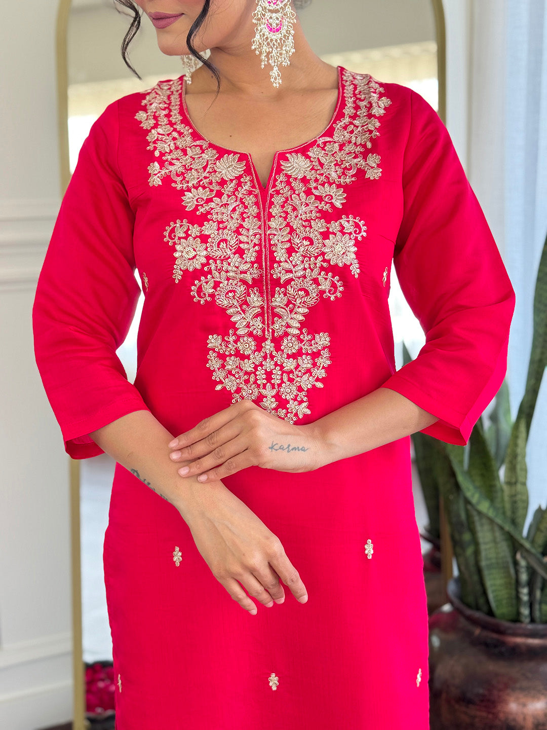 Royal Rani Pink Roman Silk Embroidered Kurta Set with Banarasi Weave Dupatta