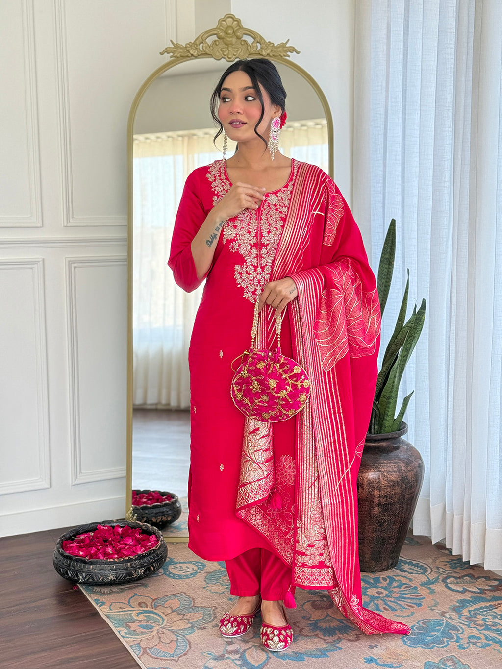 Royal Rani Pink Roman Silk Embroidered Kurta Set with Banarasi Weave Dupatta