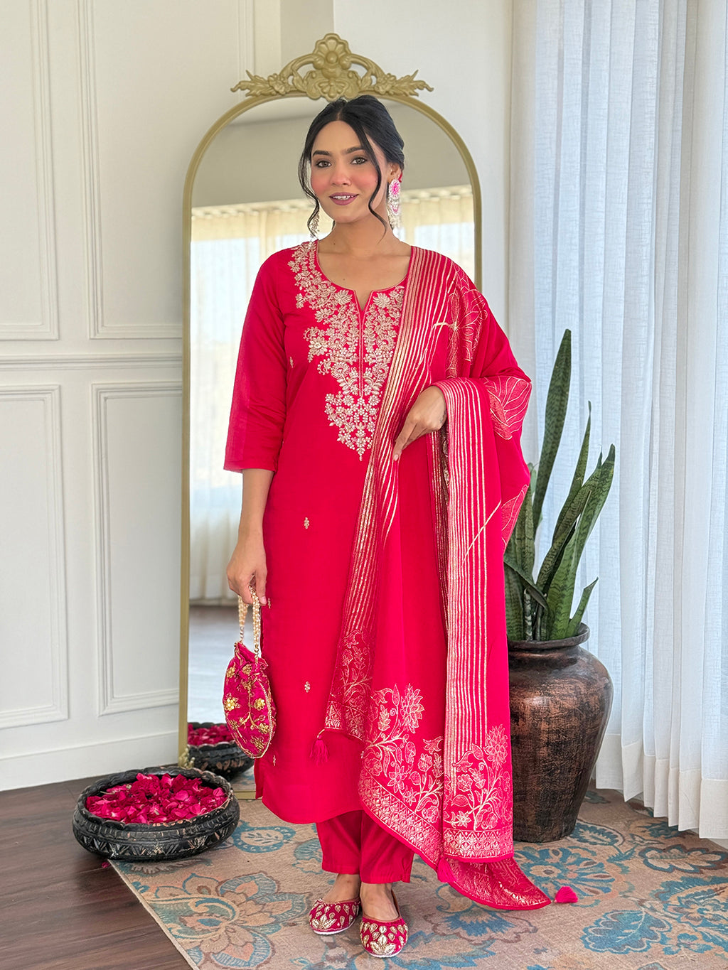 Royal Rani Pink Roman Silk Embroidered Kurta Set with Banarasi Weave Dupatta