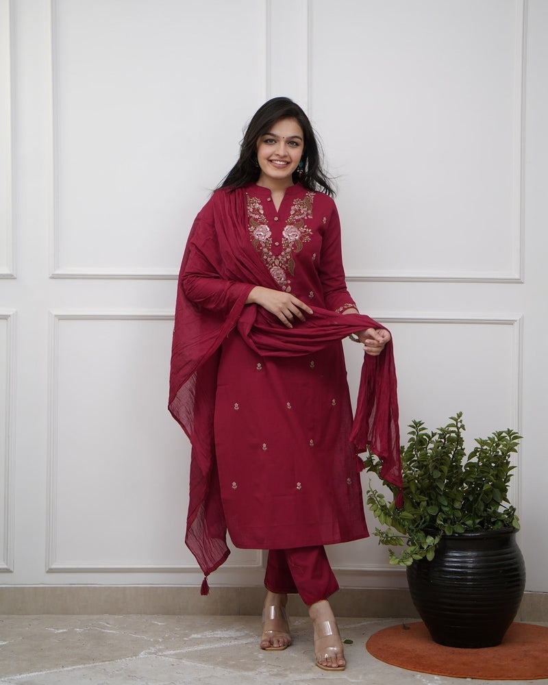 Maroon Rayon Slub Floral Embroidered Kurta Pant Set with Dupatta