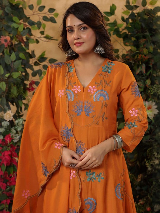 Sunset Orange Viscose Chanderi Anarkali Set with Whimsical Floral Vine Embroidery