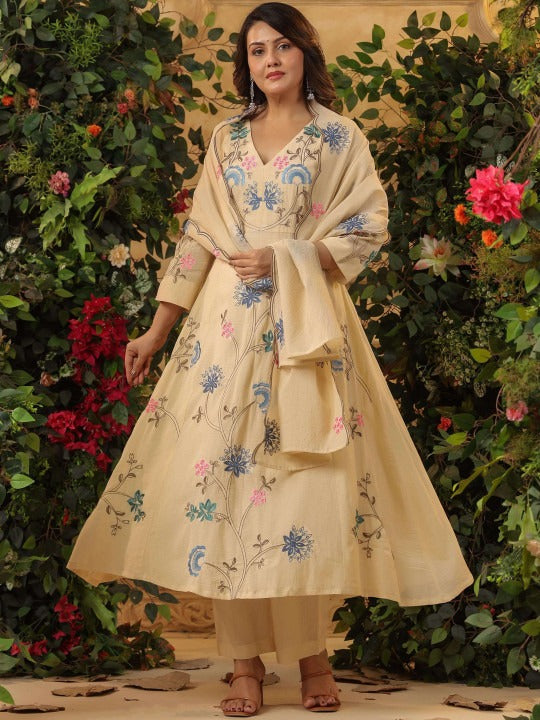 Cream Viscose Chanderi Anarkali Set with Multi-Color Floral Vine Embroidery