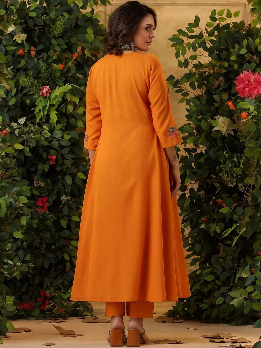 Sunset Orange Viscose Chanderi Anarkali Set with Whimsical Floral Vine Embroidery