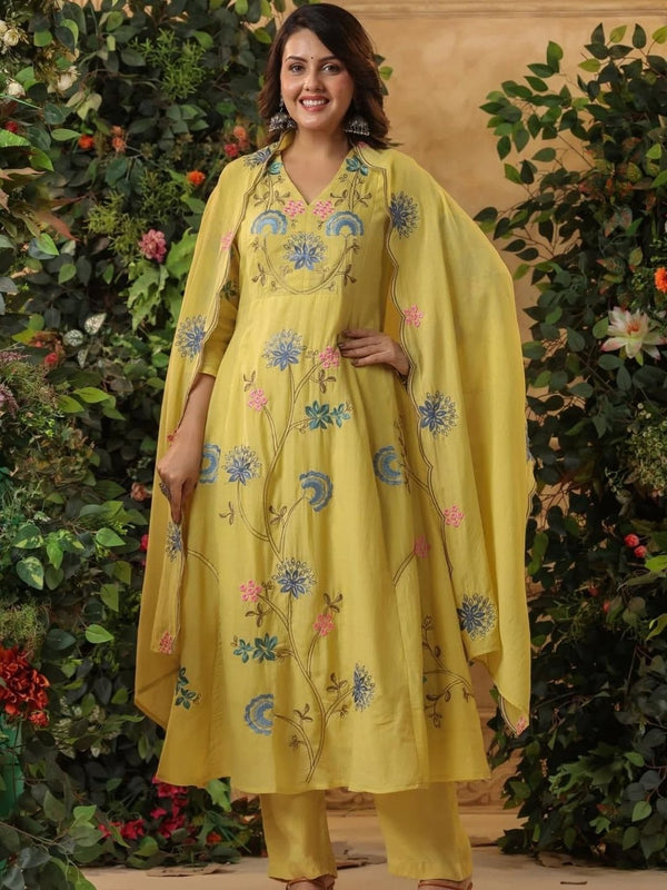 Sun-Kissed Yellow Viscose Chanderi Anarkali Set with Pastel Floral Embroidery & Scalloped Dupatta