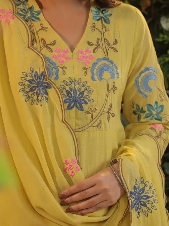 Sun-Kissed Yellow Viscose Chanderi Anarkali Set with Pastel Floral Embroidery & Scalloped Dupatta