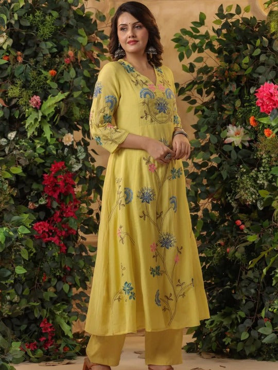 Sun-Kissed Yellow Viscose Chanderi Anarkali Set with Pastel Floral Embroidery & Scalloped Dupatta