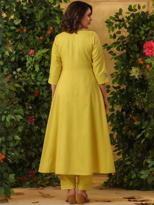 Sun-Kissed Yellow Viscose Chanderi Anarkali Set with Pastel Floral Embroidery & Scalloped Dupatta
