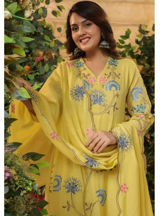 Sun-Kissed Yellow Viscose Chanderi Anarkali Set with Pastel Floral Embroidery & Scalloped Dupatta