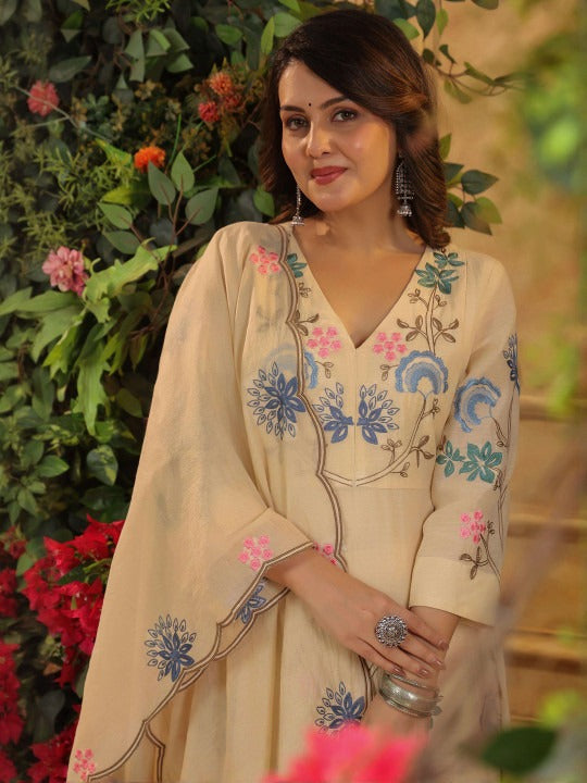 Cream Viscose Chanderi Anarkali Set with Multi-Color Floral Vine Embroidery