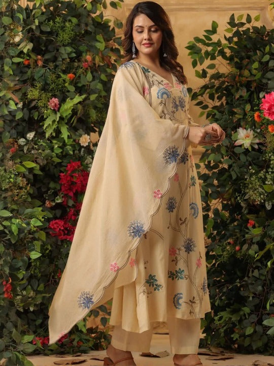 Cream Viscose Chanderi Anarkali Set with Multi-Color Floral Vine Embroidery