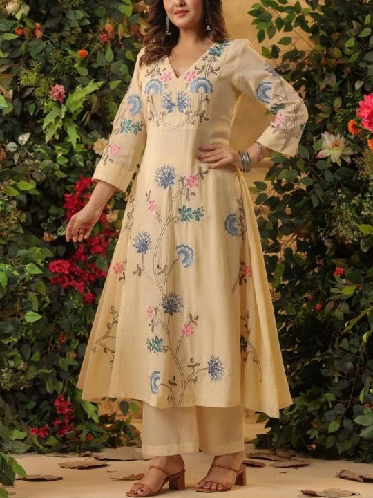 Cream Viscose Chanderi Anarkali Set with Multi-Color Floral Vine Embroidery