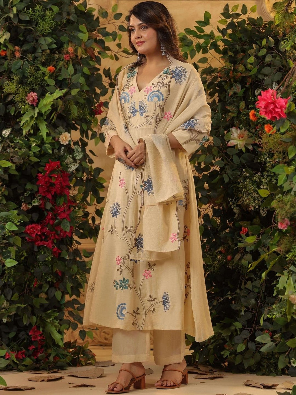 Cream Viscose Chanderi Anarkali Set with Multi-Color Floral Vine Embroidery