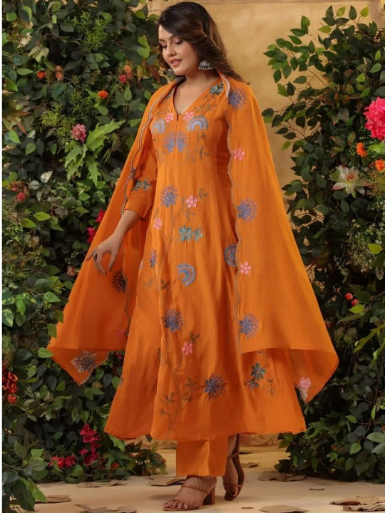 Sunset Orange Viscose Chanderi Anarkali Set with Whimsical Floral Vine Embroidery