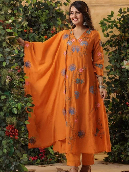 Sunset Orange Viscose Chanderi Anarkali Set with Whimsical Floral Vine Embroidery