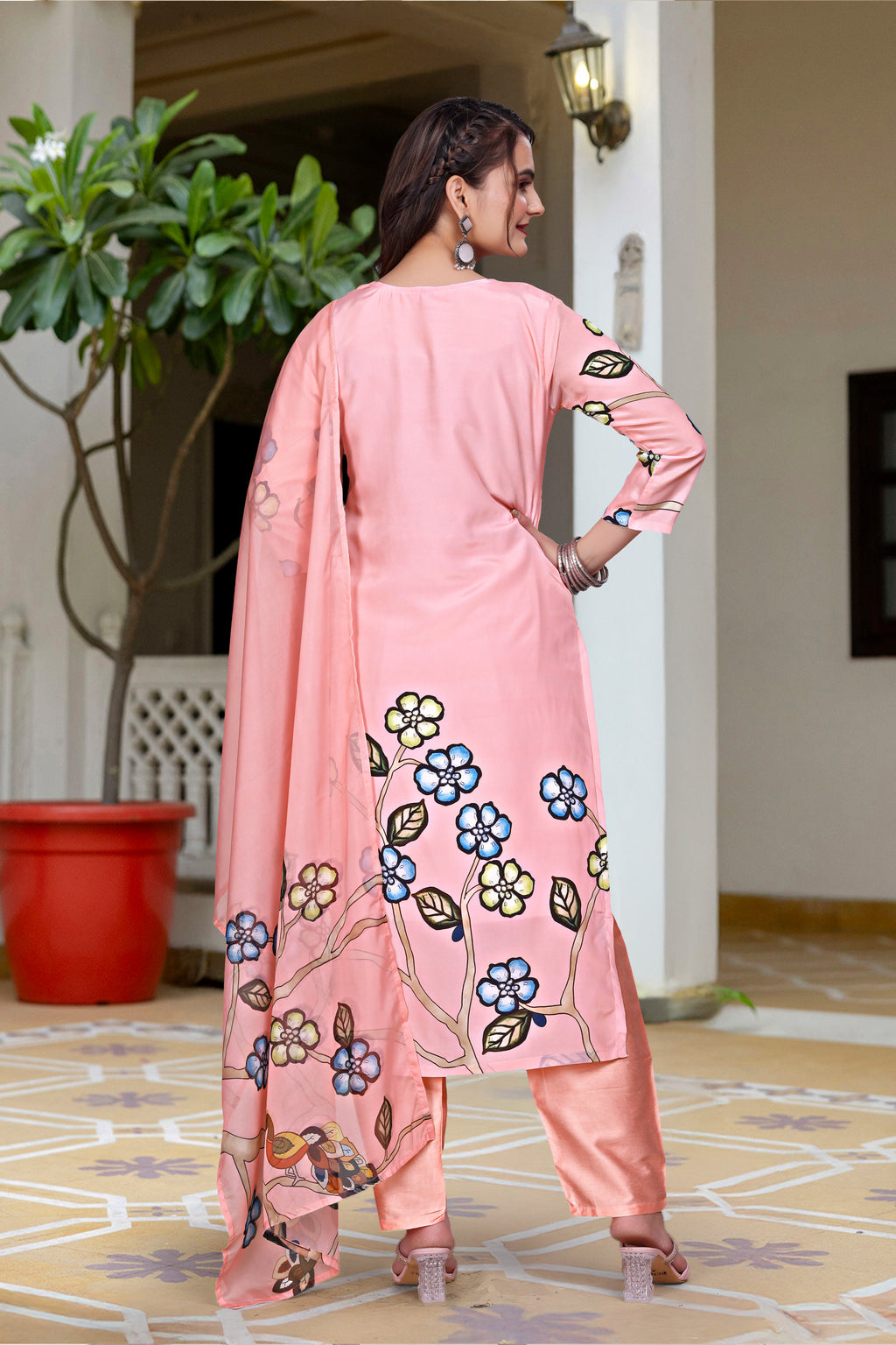 PARNAVI Blush Pink French Crepe Bird & Floral Printed Kurta Set with Dupatta