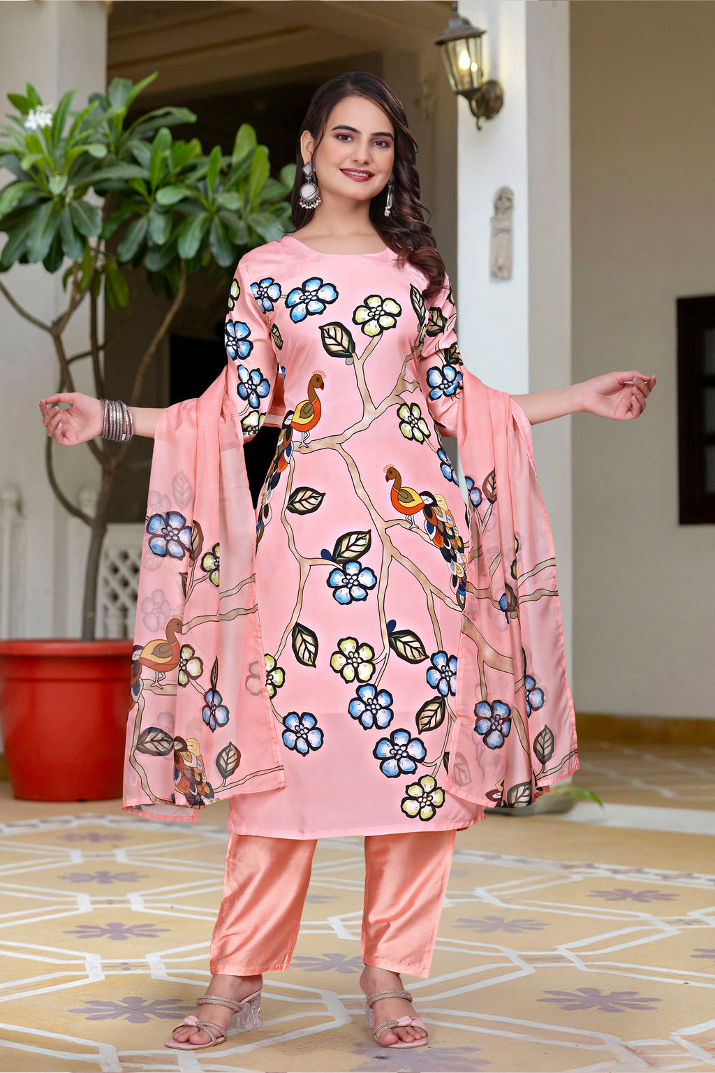 PARNAVI Blush Pink French Crepe Bird & Floral Printed Kurta Set with Dupatta