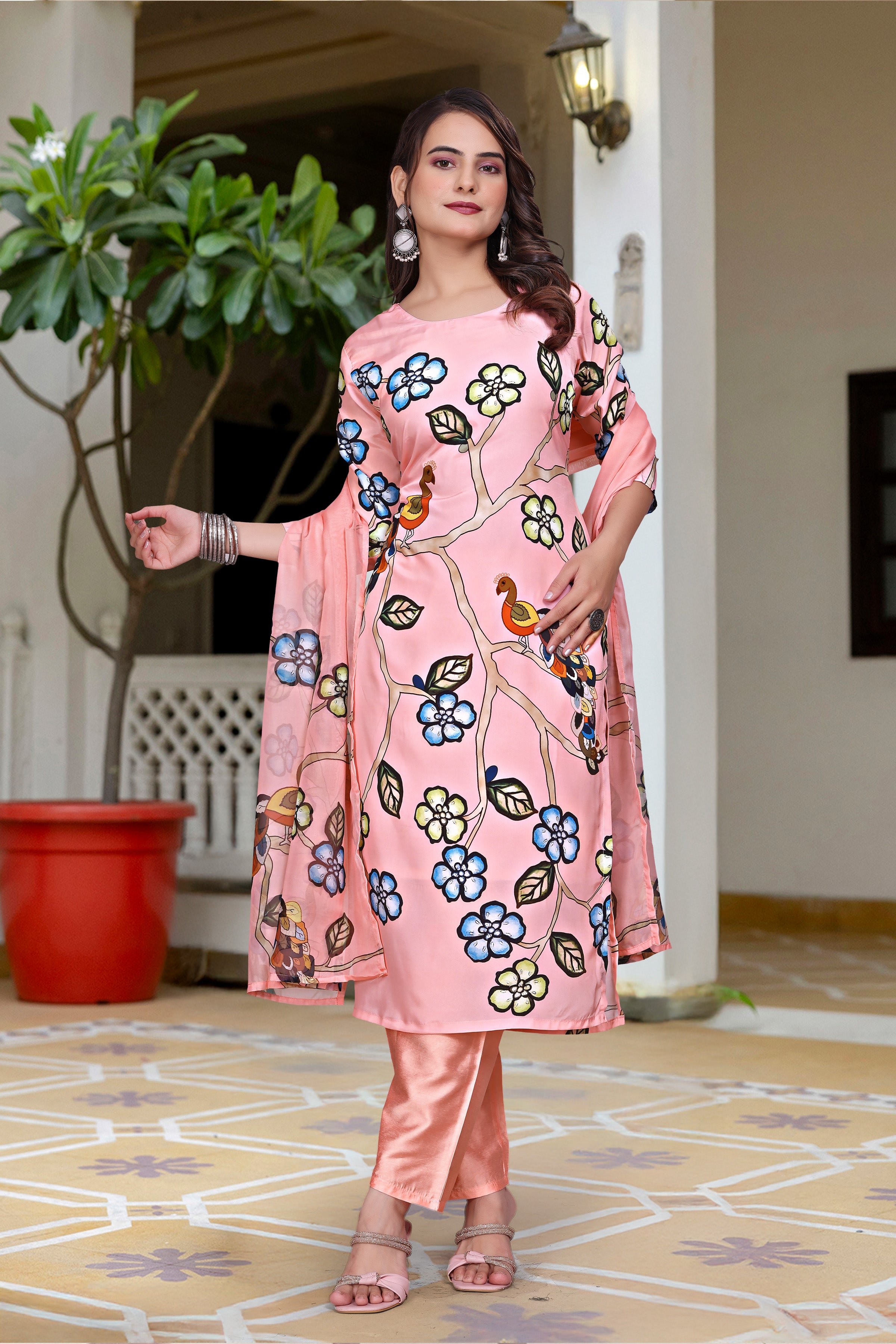 PARNAVI Blush Pink French Crepe Bird & Floral Printed Kurta Set with Dupatta