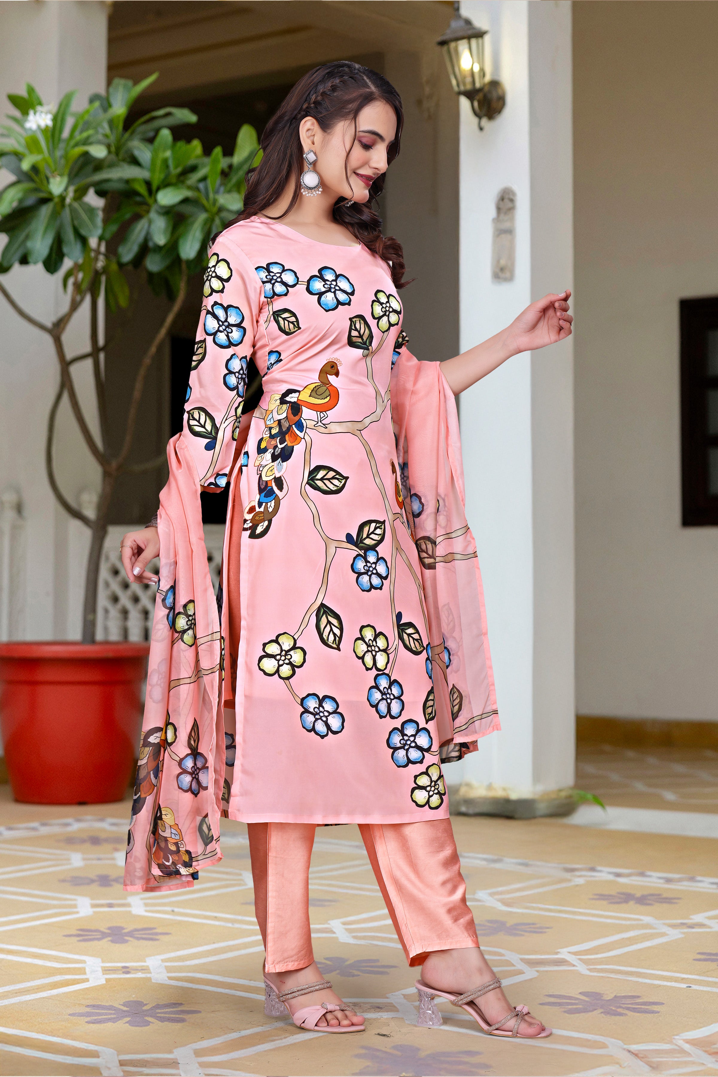PARNAVI Blush Pink French Crepe Bird & Floral Printed Kurta Set with Dupatta