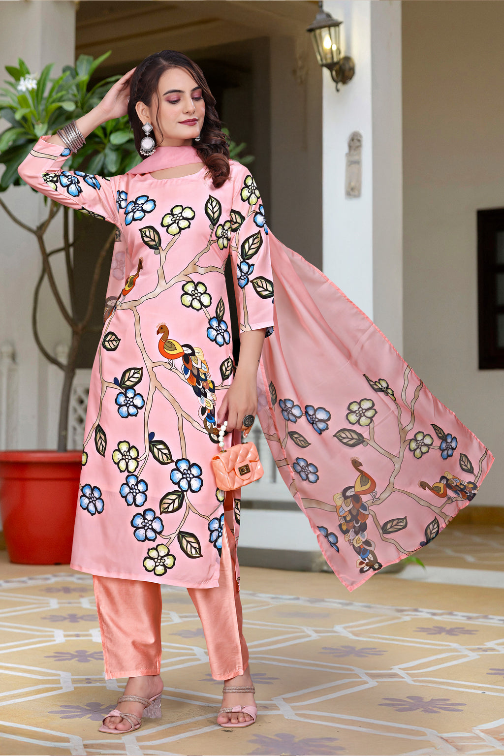 PARNAVI Blush Pink French Crepe Bird & Floral Printed Kurta Set with Dupatta