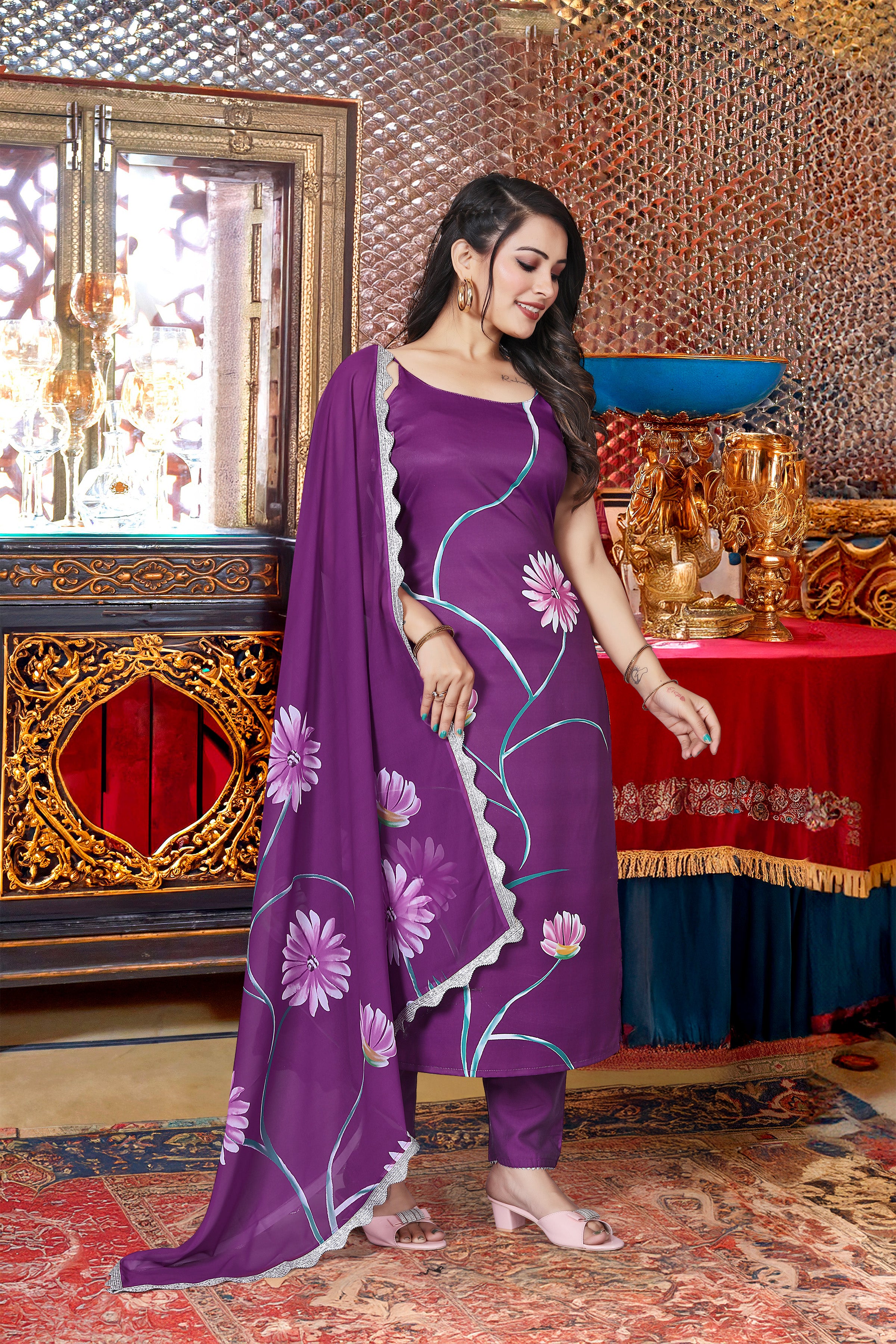 Regal Purple French Crepe Hand-Painted Floral Kurta Set with Scalloped Organza Dupatta
