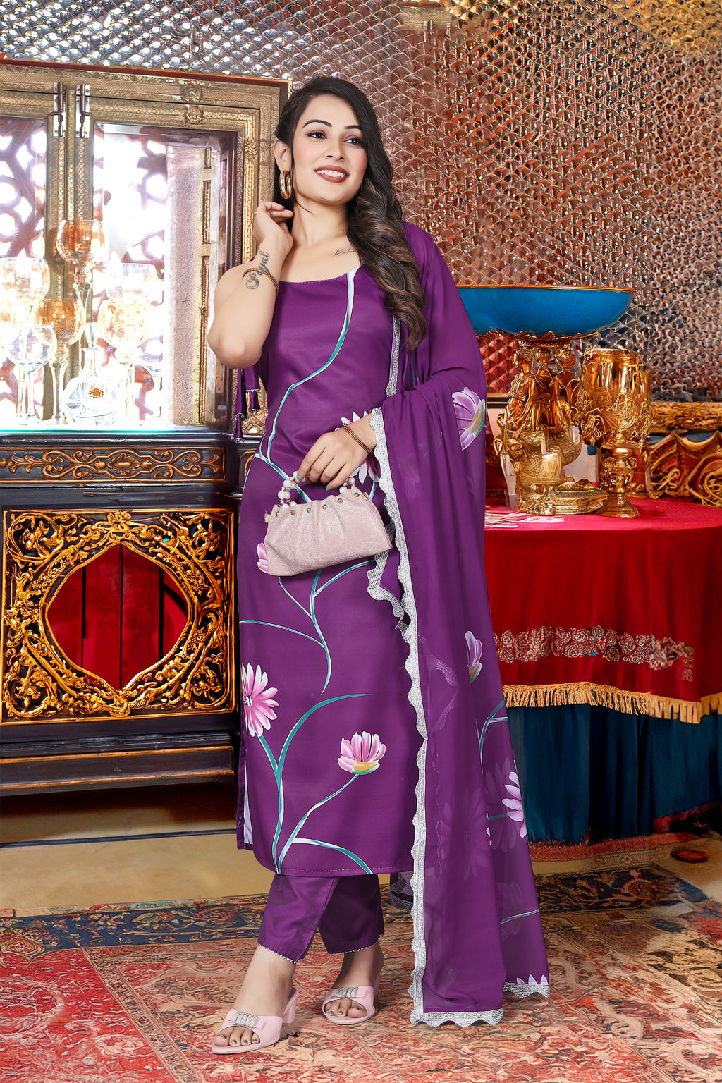 Regal Purple French Crepe Hand-Painted Floral Kurta Set with Scalloped Organza Dupatta