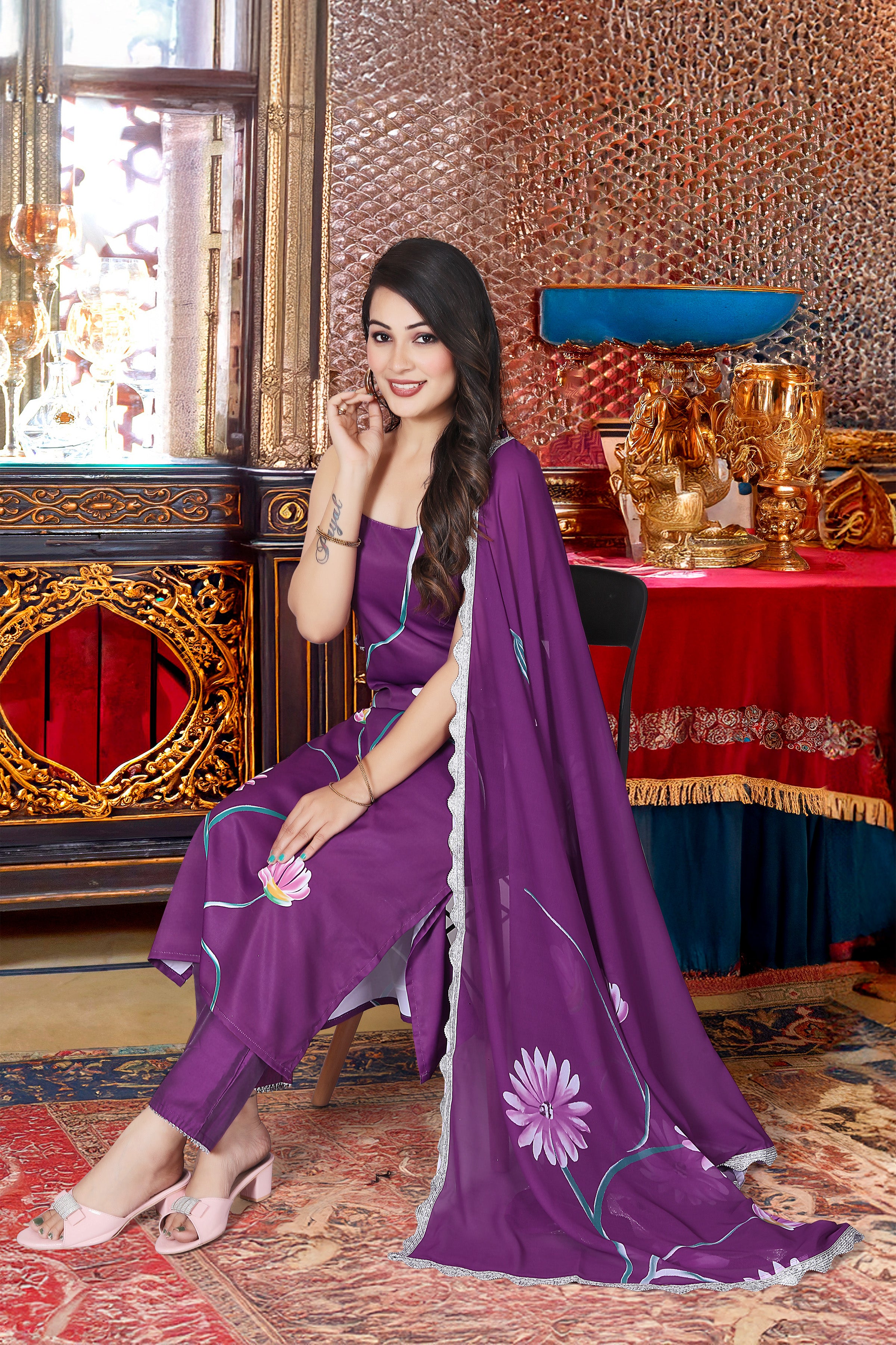 Regal Purple French Crepe Hand-Painted Floral Kurta Set with Scalloped Organza Dupatta