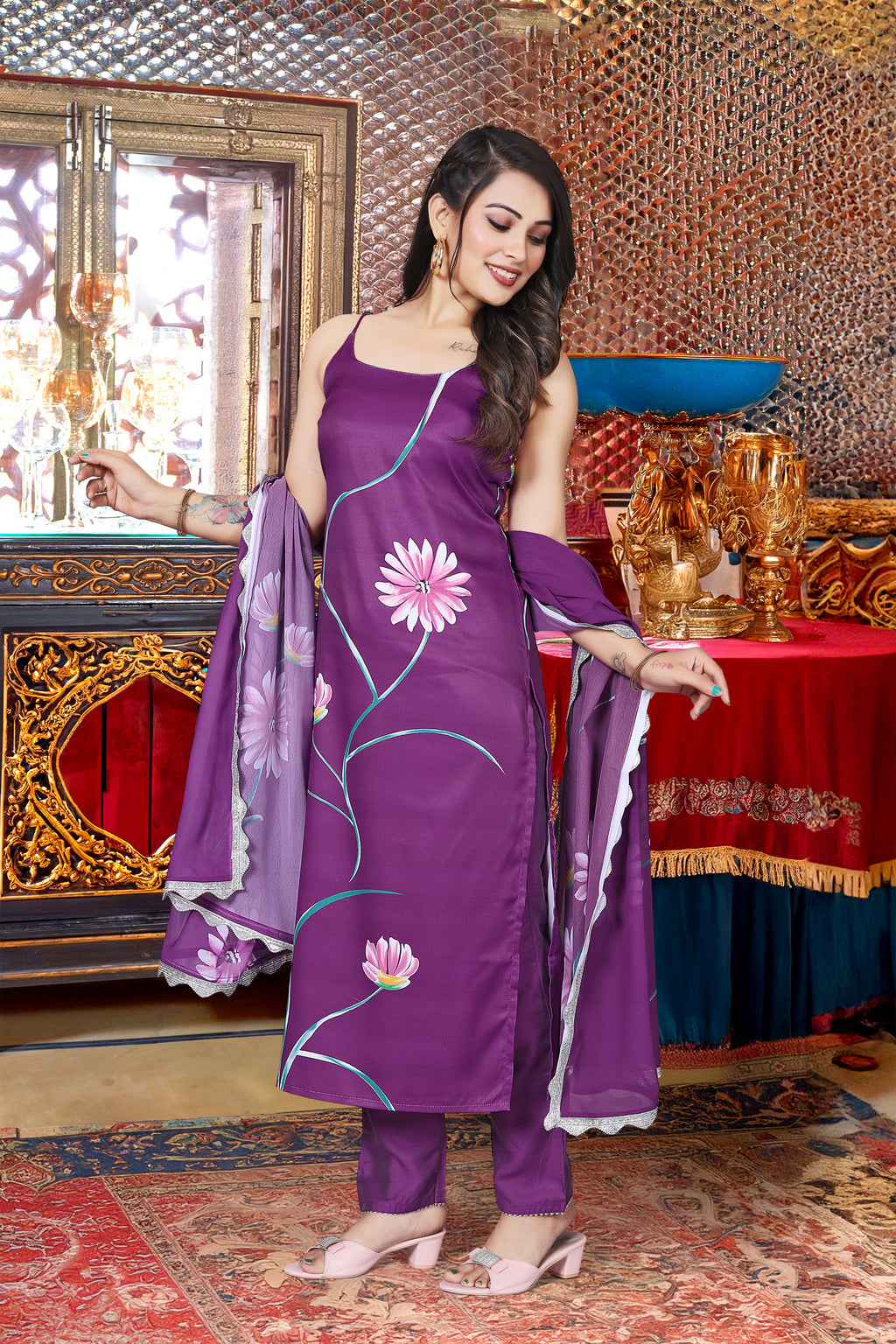 Regal Purple French Crepe Hand-Painted Floral Kurta Set with Scalloped Organza Dupatta