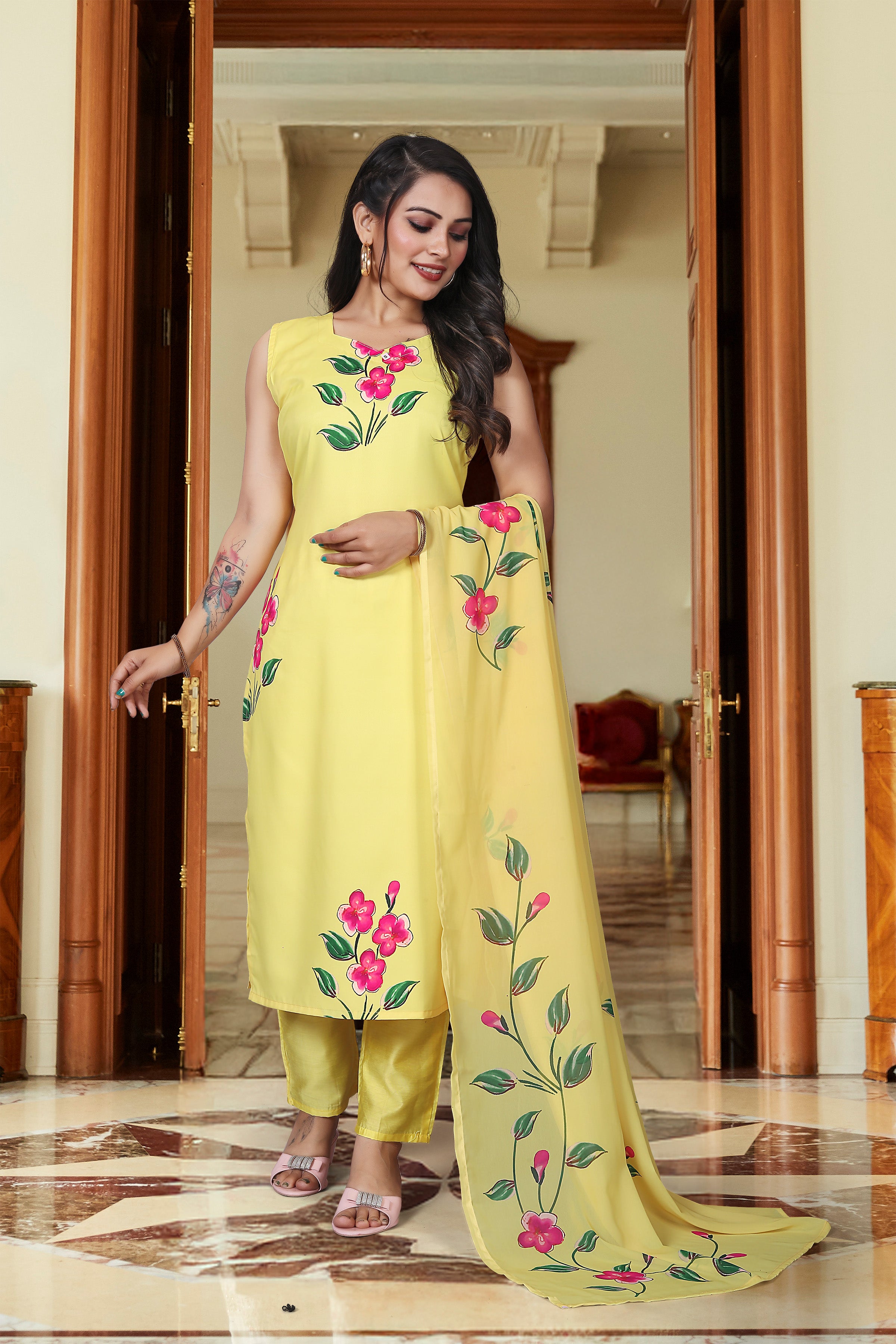 Sunshine Yellow French Crepe Hand-Paint Style Floral Kurta Set with Organza Dupatt