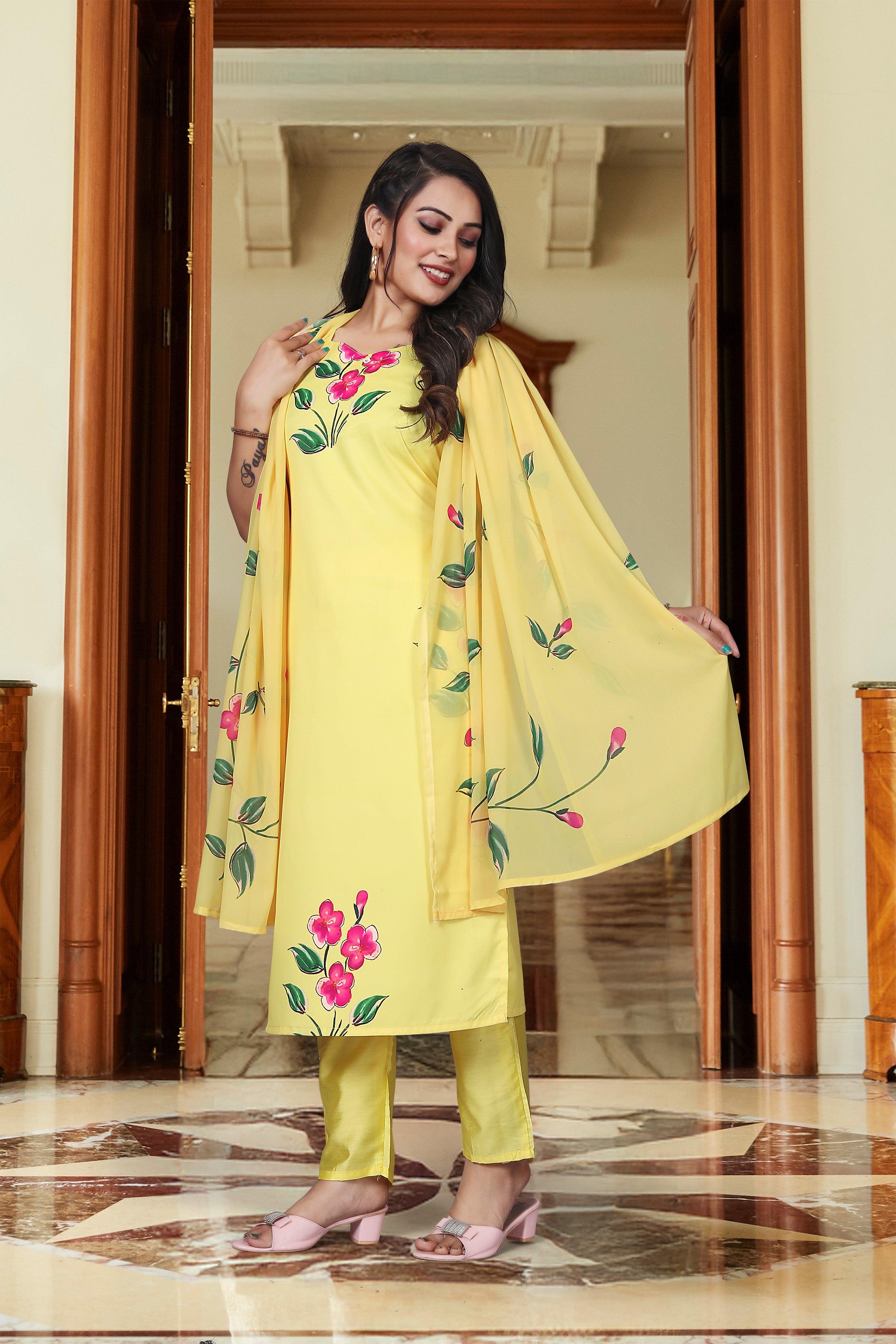 Sunshine Yellow French Crepe Hand-Paint Style Floral Kurta Set with Organza Dupatt