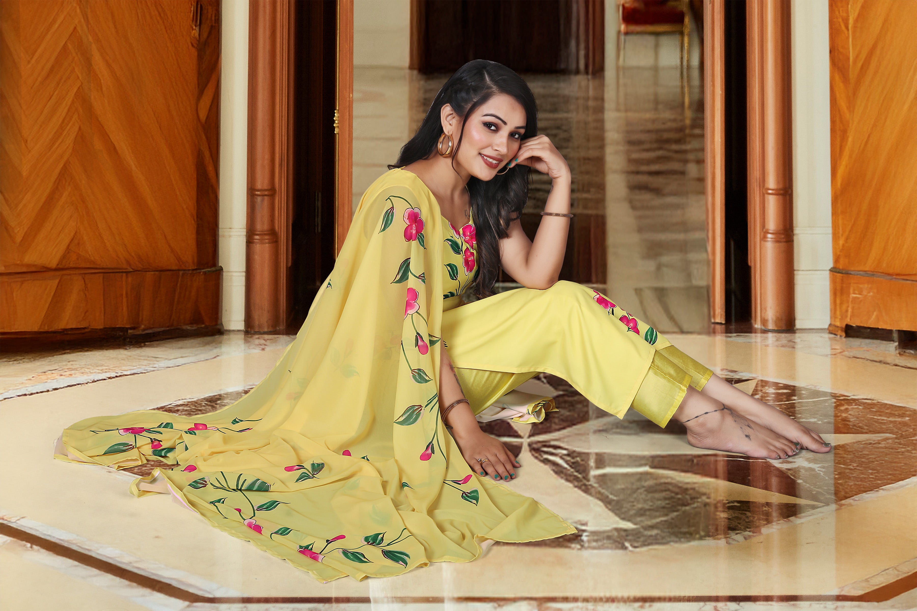 Sunshine Yellow French Crepe Hand-Paint Style Floral Kurta Set with Organza Dupatt
