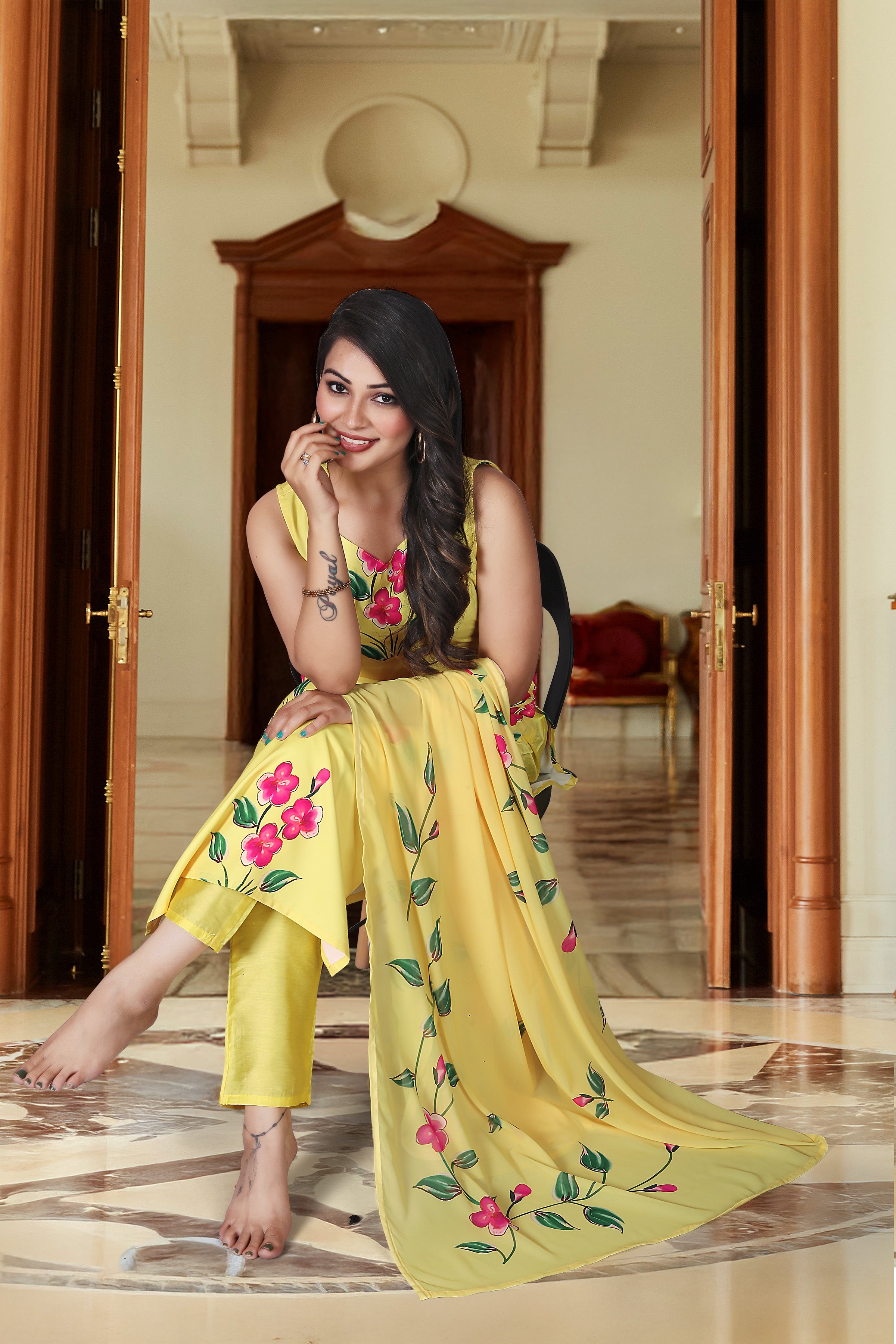 Sunshine Yellow French Crepe Hand-Paint Style Floral Kurta Set with Organza Dupatt