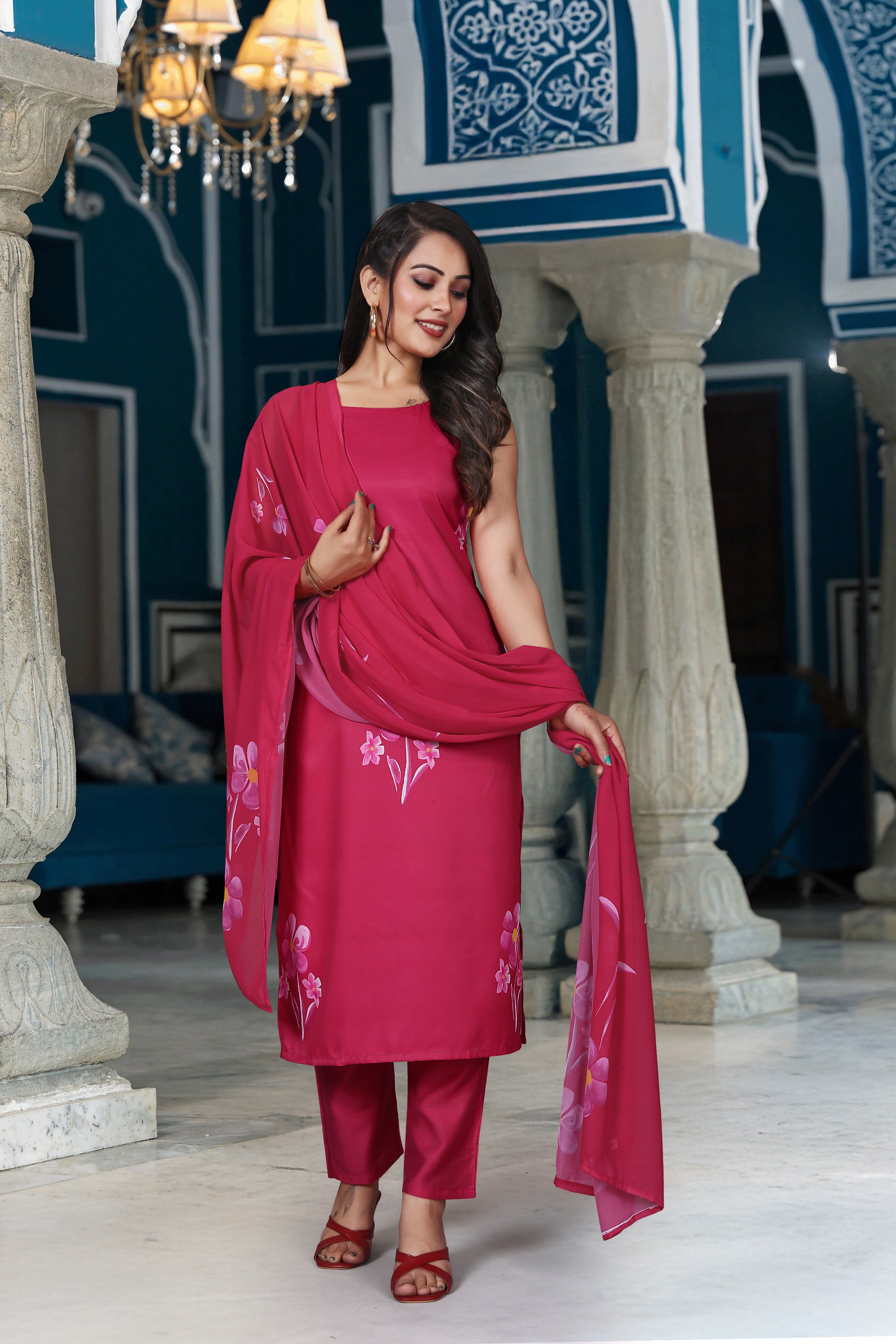 Fuschia Pink French Crepe Floral Print Kurta Set with Tasseled Shoulders and Organza Dupatta