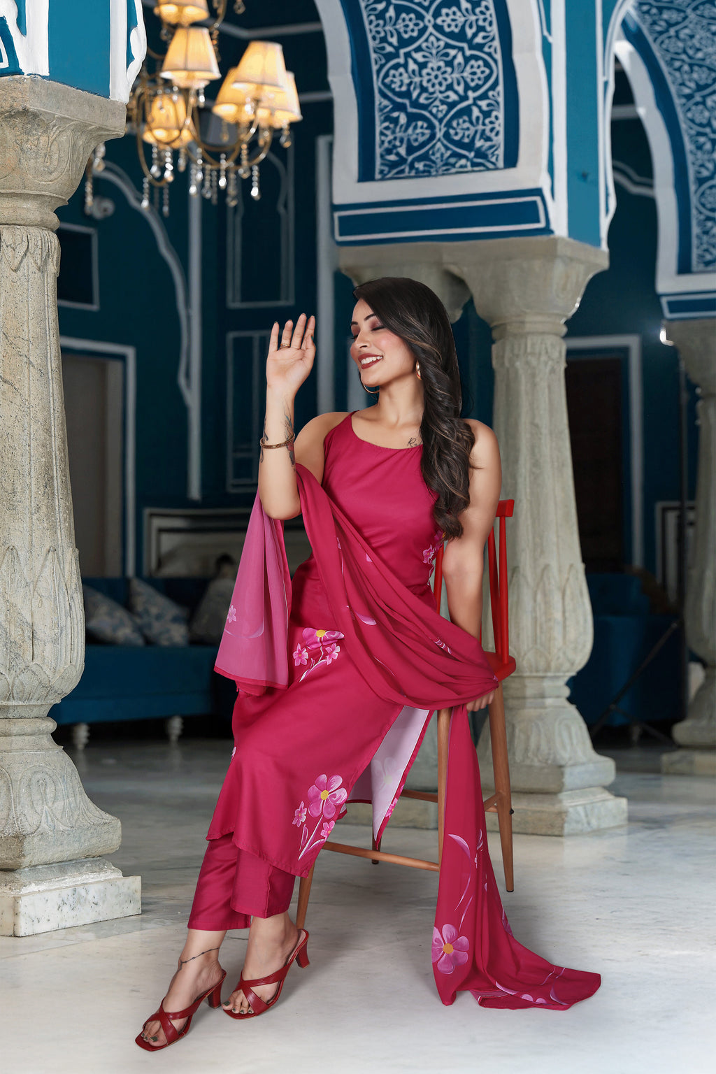 Fuschia Pink French Crepe Floral Print Kurta Set with Tasseled Shoulders and Organza Dupatta