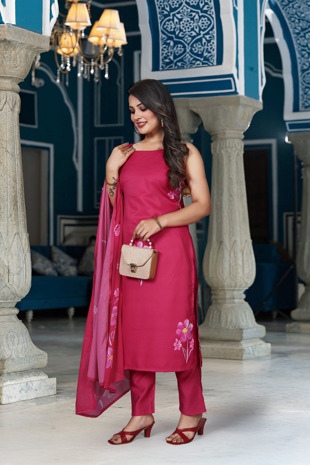 Fuschia Pink French Crepe Floral Print Kurta Set with Tasseled Shoulders and Organza Dupatta