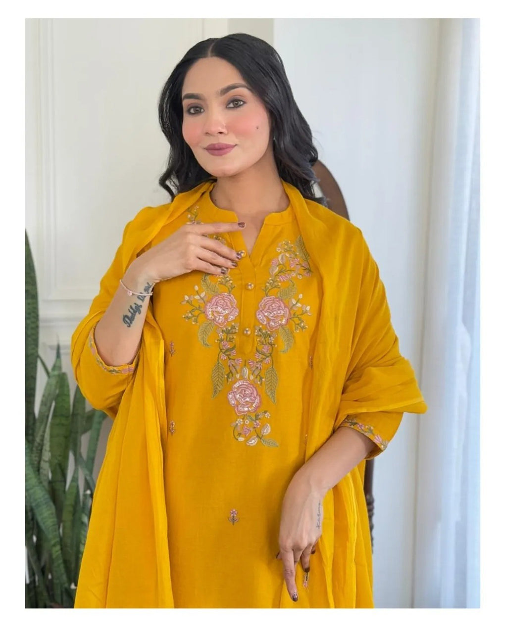 Mustard Rayon Slub Straight Kurta Set – Mandarin collar Neck Embroidery & Crinkled Dupatta