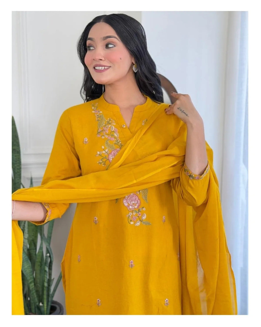 Mustard Rayon Slub Straight Kurta Set – Mandarin collar Neck Embroidery & Crinkled Dupatta