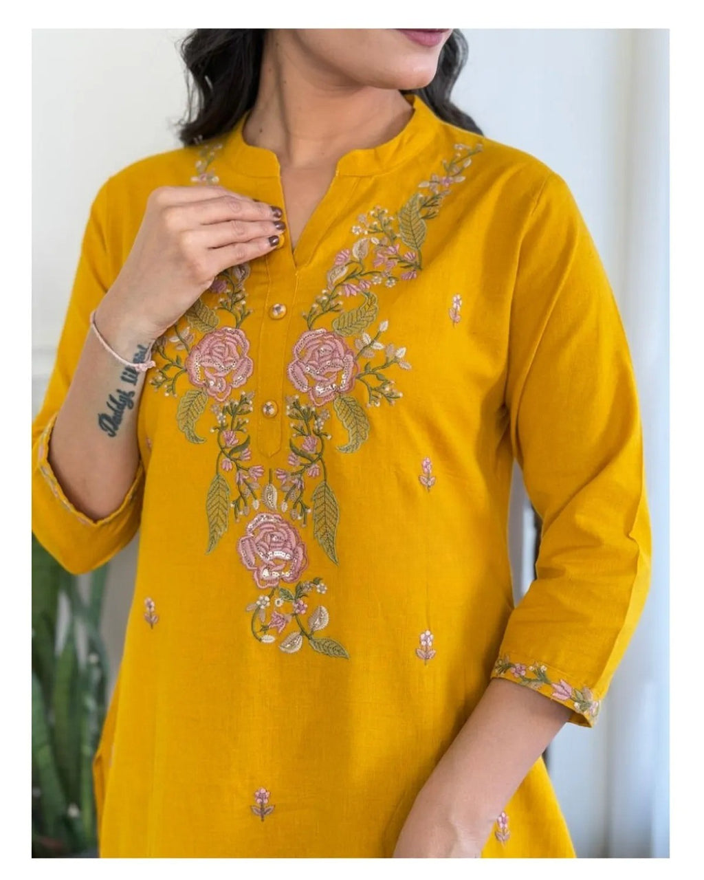 Mustard Rayon Slub Straight Kurta Set – Mandarin collar Neck Embroidery & Crinkled Dupatta