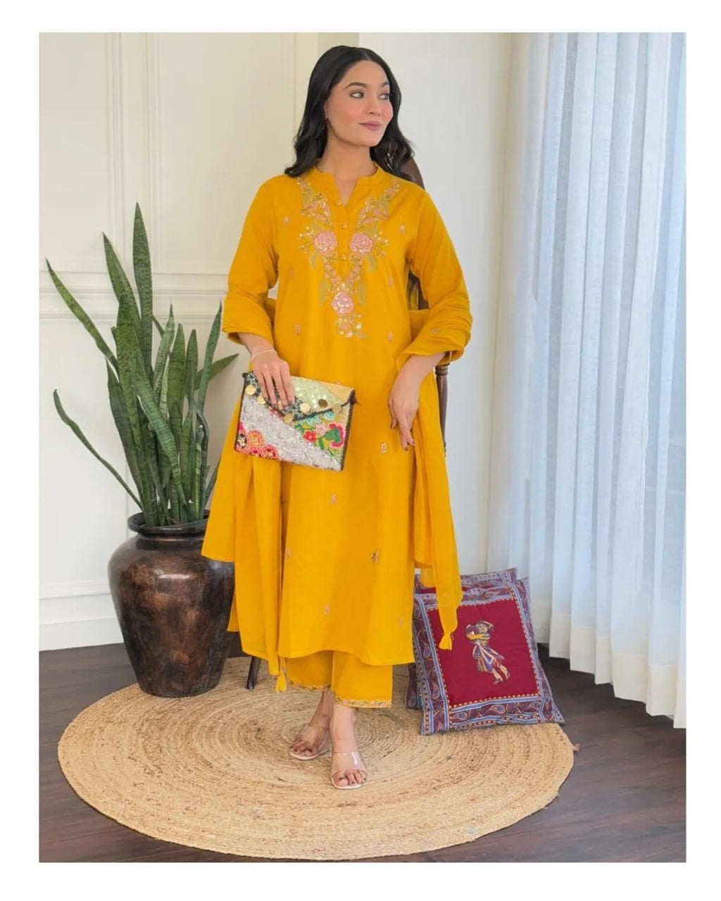 Mustard Rayon Slub Straight Kurta Set – Mandarin collar Neck Embroidery & Crinkled Dupatta